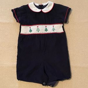 Bella Bliss Navy Cordorory Smocked Christmas Jon Jon